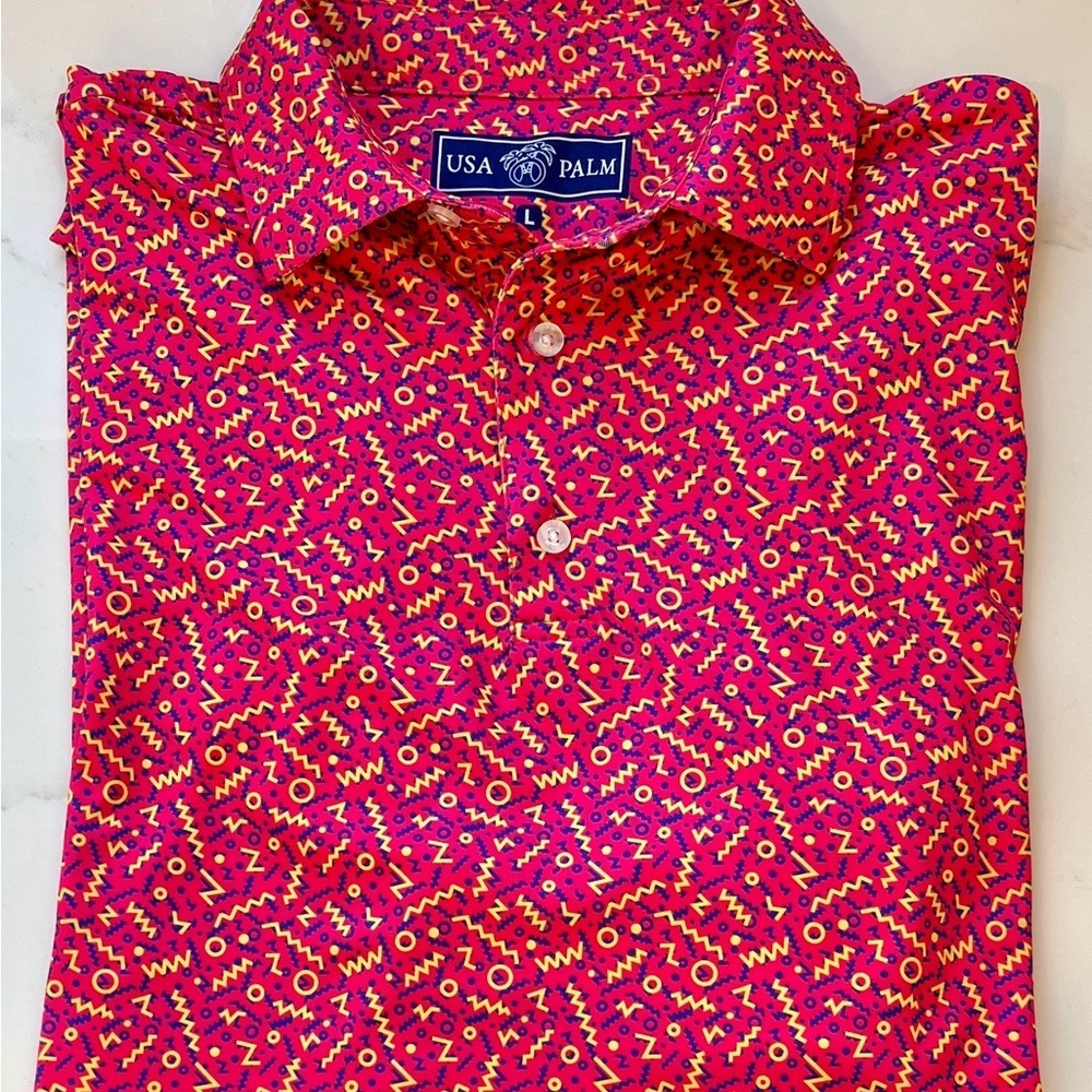 USA Palm Men's Long Sleeve Performance Silky Soft Polo Vibrant Pink Geometric L